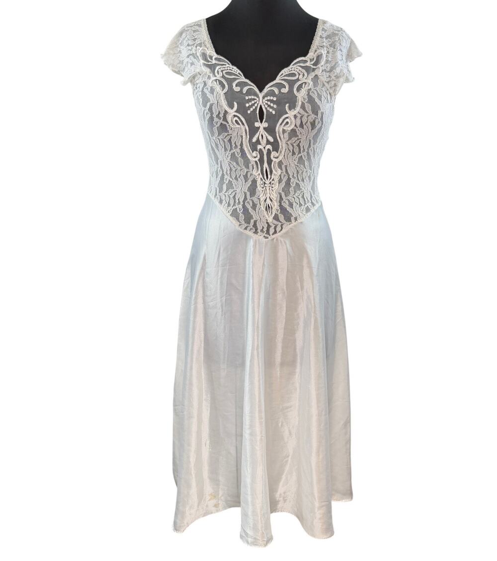 VINTAGE Cinema Etoile USA White Lace Gown Floral V-Neck Cap Sleeve Size Small S
